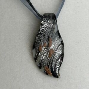 Murano Style Art Glass Pendant Necklace Silver Foil Copper Leaf Organza Ribbon